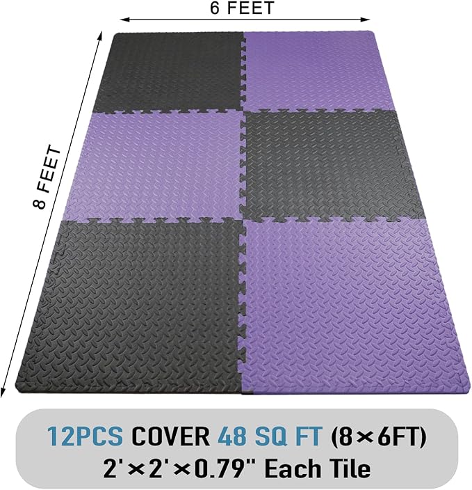 AIRHOP Upgraded 0.79" Extra Thick 48 Sq Ft High-Density Eva Foam Exercise Gym Mats, 12 Pcs Large Interlocking Puzzle Floor Tiles (24"x24") for Home Gym, Black&Purple