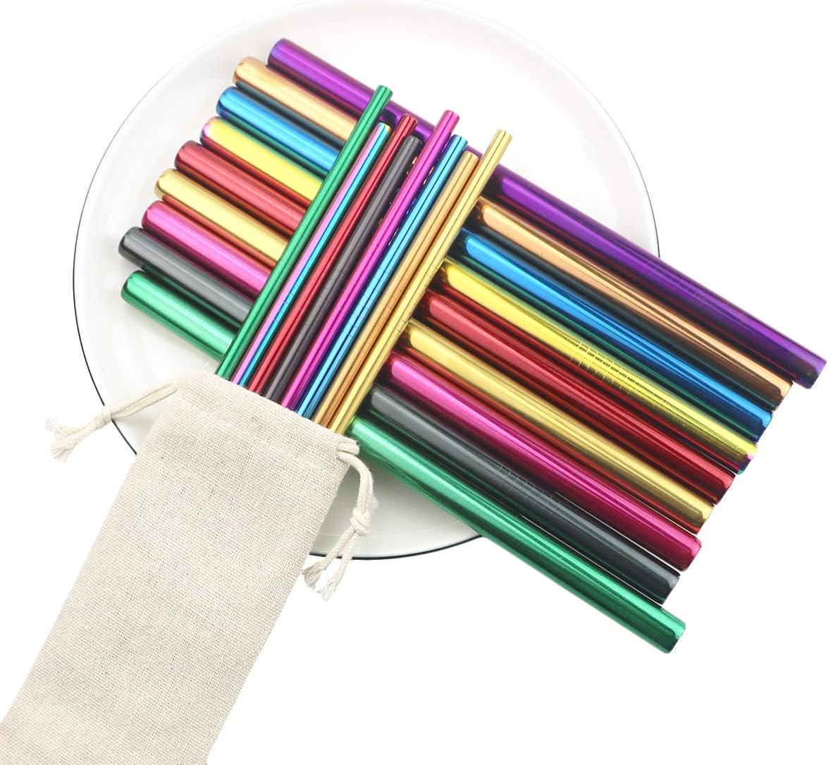 Gugrida Metal Straws Stainless Steel Straws 8.5" Drinking Straws Reusable 3 Set - Ultra Long Muti Color-Cleaning Brush for 20/30 Oz for Trail Tumblers Yeti RTIC SIC Ozark (2 Straight|1 Bent|1 Brush）