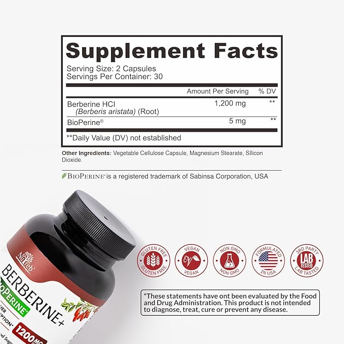 Berberine Supplement 1200mg - 5X Higher Absorption - Ultra Pure 98% Berberine HCL - Healthy Weight Management, Immune Support - Non GMO, Manufactured in USA - 60 Vegan Capsules