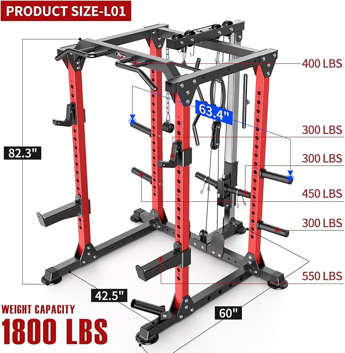 Power Cage,1600lbs Multi-Function Power Rack with Adjustable Cable Crossover System and More Training Attachment, Weight Cage for Home Gym