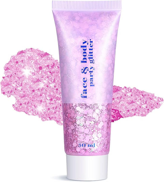 Body Face Glitter Makeup for Kids Women, Sparkly Chunky Hair Glitter, Mermaid Birthday Decorations Rave Outfits for Women (Pink Body Glitter)