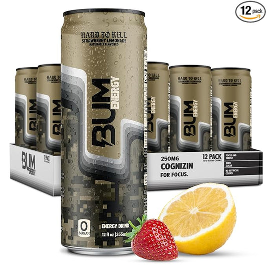 BUM Sugar-Free Energy Drink, Strawberry Lemonade - Lightly Carbonated & No Artificial Colors, Natural Caffeine & Citicoline for Energy, Focus, Brain Boost & Workout Sports Beverage - 12 oz, Pack of 12