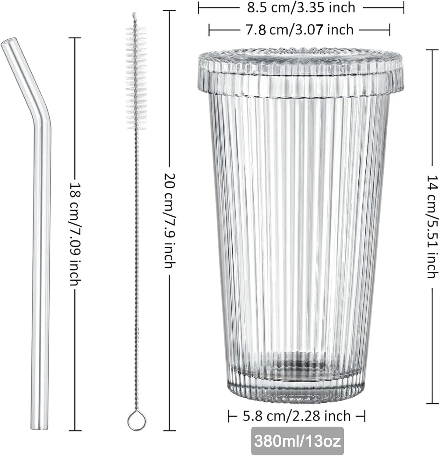 13oz Clear Iced Coffee Cups with Lids, Clear Glass Tumbler with Straw & Lid, Ribbed Glassware Cups, Dishwasher Safe Drinking Glasses, Stylish Glass Cups for Coffee, Juice, Tea, Matcha