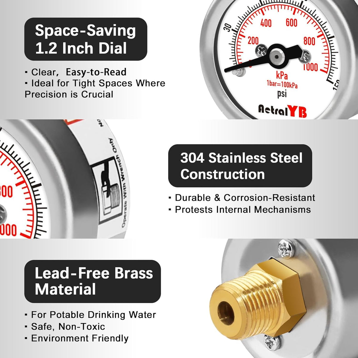 150Psi/1000Kpa Mini Pressure Gauge,Stainless Steel Housing,Brass Internal,1.2 Inch Dial,NPT 1/8" Back Mount,Dry Type, Lead-Free Material,for Air,Water,Oil Pressure Test