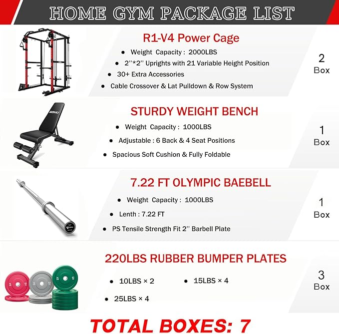 R1-V4 Power Cage Rack, 2000LB Squat Rack with Cable Crossover System, Multi-Function Weight Cage, Home Gym Workout Machine with More Training Attachments