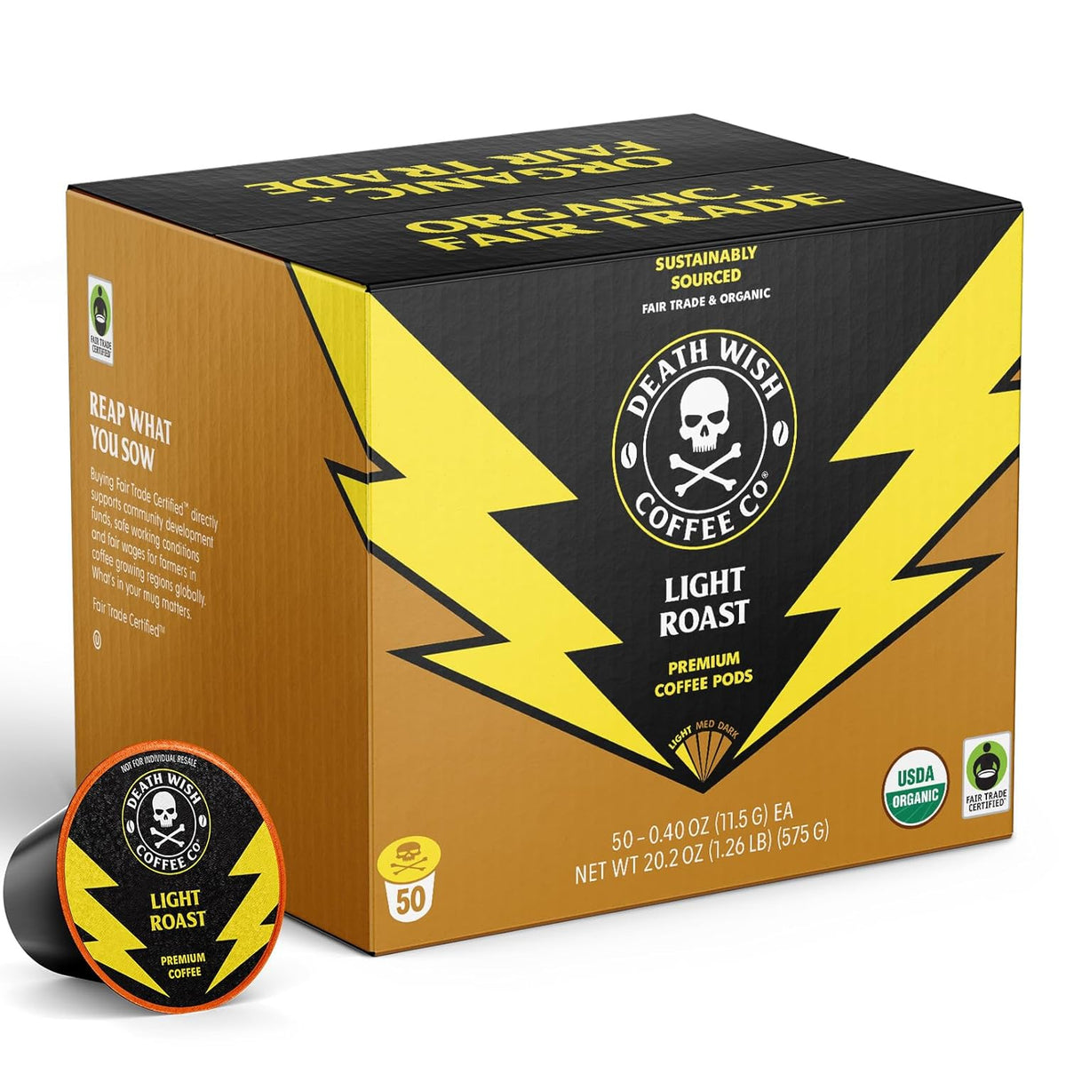 Death Wish Coffee, Organic and Fair Trade, Light Roast Coffee Pods (50 Count)