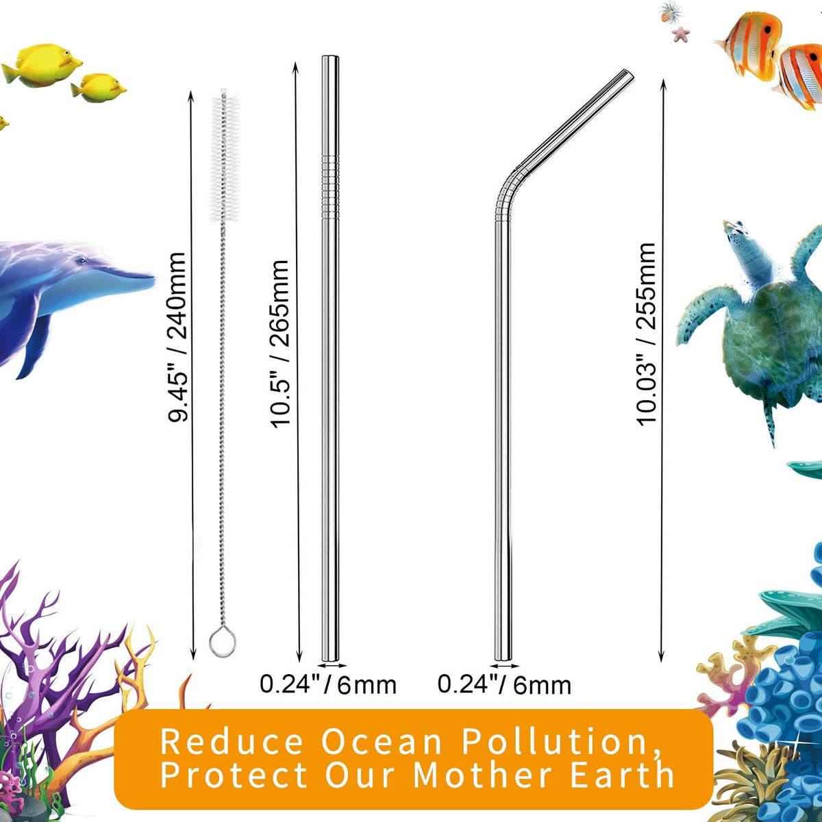 VEHHE Metal Straws Stainless Steel Straws Drinking Straws Reusable - 10.5" Ultra Long 4 + 1 - W/Cleaning Brush for 20/30 Oz for Yeti RTIC SIC Ozark Trail Tumblers (2 Straight|2 Bent|1 Brush)