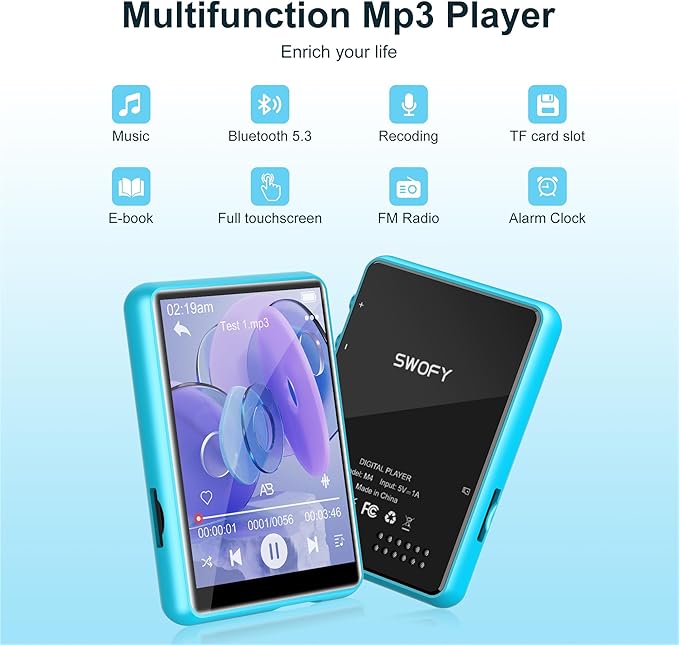 64GB Mp3 Player with Bluetooth 5.3 Blue, SWOFY M4 Music Player with 2.4" Touch Screen, HD Speaker FM Radio, Recording Support up 128GB