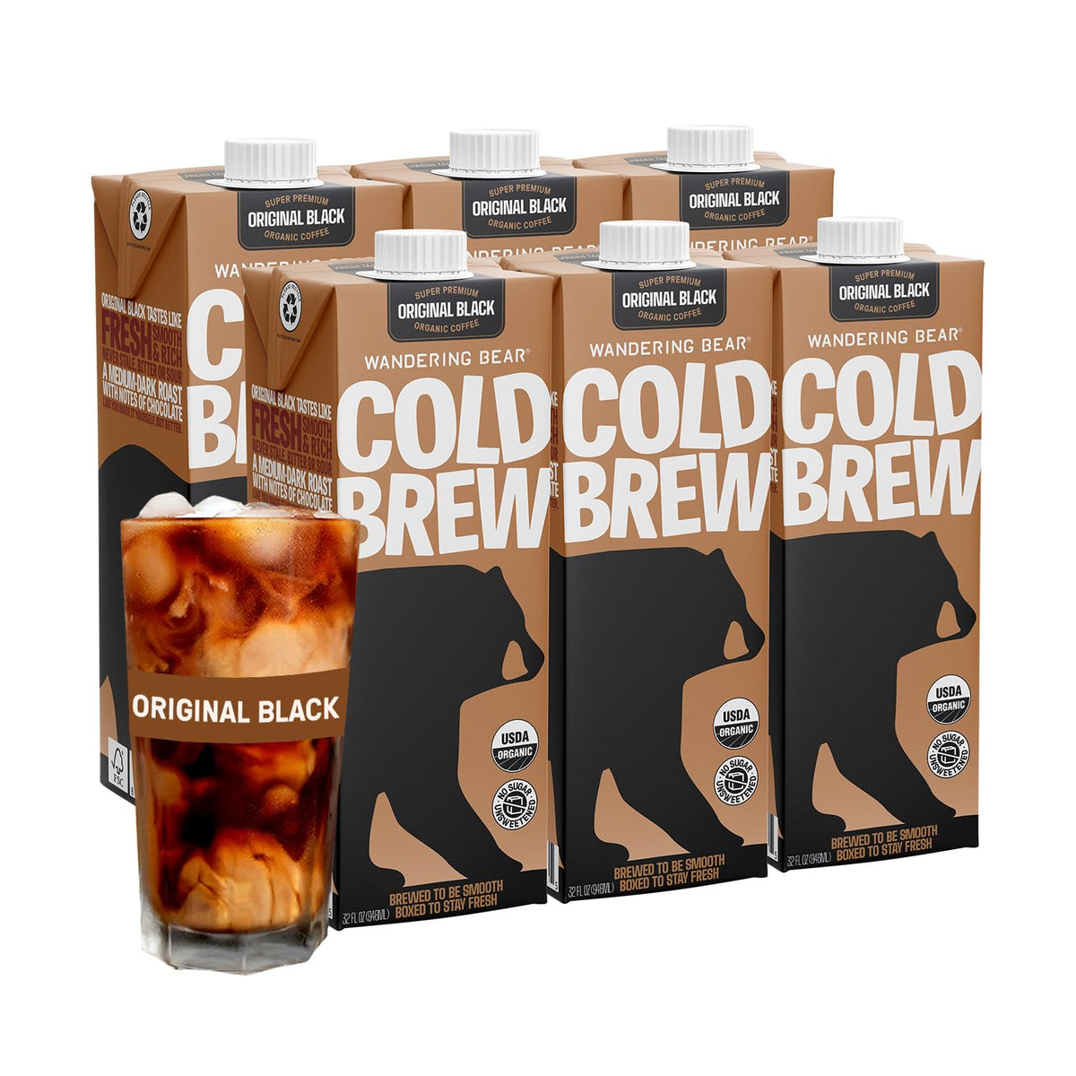 Wandering Bear Straight Black Organic Cold Brew Coffee, 32 fl oz, 6 pack - Extra Strong, Bold, Smooth, Unsweetened, Shelf-Stable, Ready to Drink, 100% Organic, Iced Cold Brewed Coffee Drinks