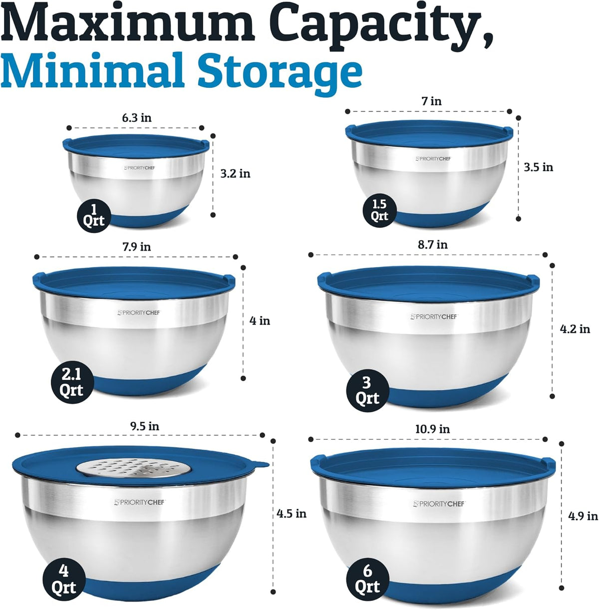 Priority Chef 6Pc Large Mixing Bowls With Lids Set with Non-Slip Bases, Stainless Steel Mixing Bowl Set, 6 Airtight Lids and 3 Graters, Blue