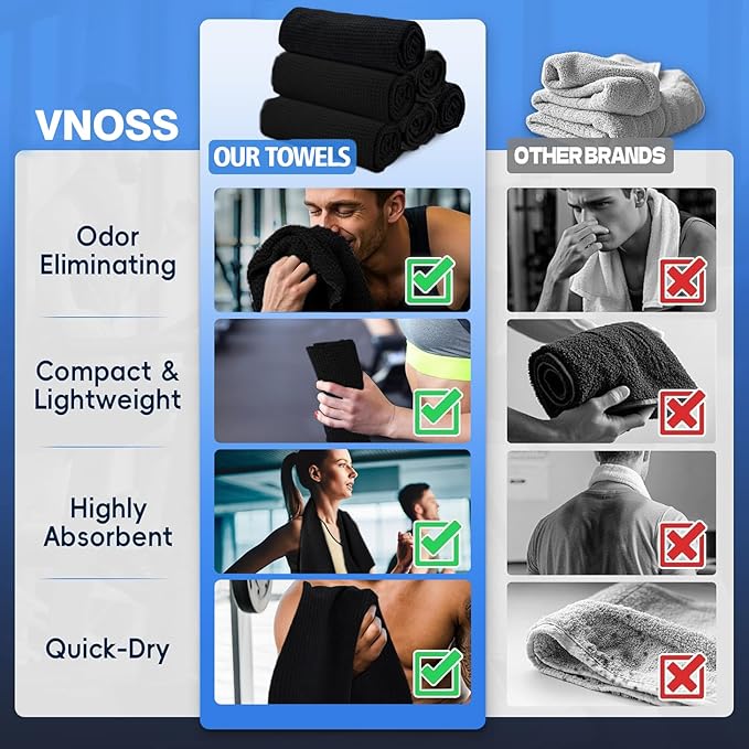 Microfiber Gym Towels for Working Out, Quickly Dry Yoga Towels for Men & Women Tennis, 16 Inch x 27 Inch, 6 Pack, Black