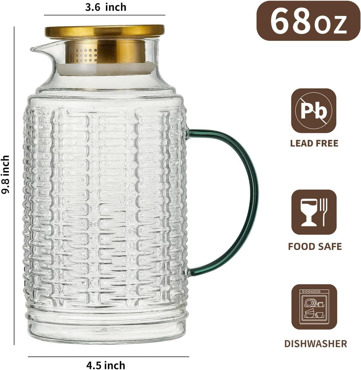 Glass Pitcher with Lid, 68 oz/2 Liter Vintage Water Pitcher, Clear Borosilicate Glass Water Carafe for Cold Brew, Coffee, Lemonade, Iced Tea,Beverage, Heat Resistant Water Glass Jug