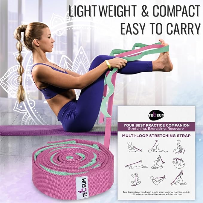 TECEUM Stretching Strap for Yoga & Physical Therapy – 10 Loops – Non-Elastic Leg Stretch Straps for Stretching, Exercising, Pilates, Post-Injury Rehabilitation for All Levels – Men & Women