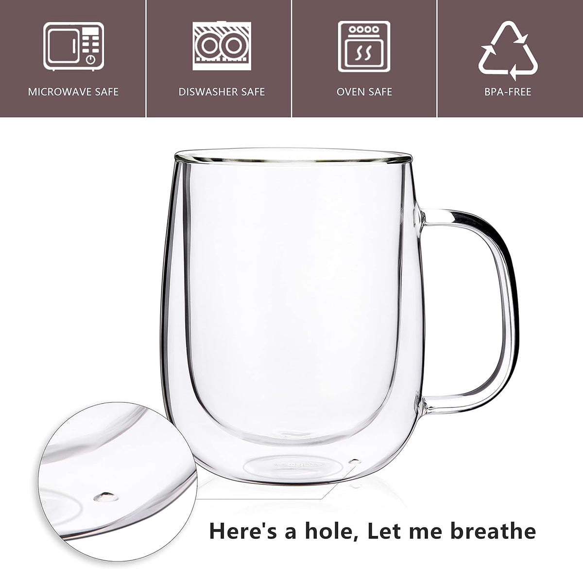 CNGLASS Large Double Wall Glass Coffee Mug 15.2oz,Clear Insulated Glass Espresso Cup with Big Handle,set of 1