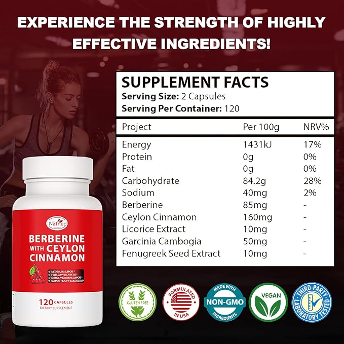 Berberine Supplement with Ceylon Cinnamon, Licorice Extract, Berberine 6X for Healthy Weight Management, Metabolism and Immune Support (120 Capsules)