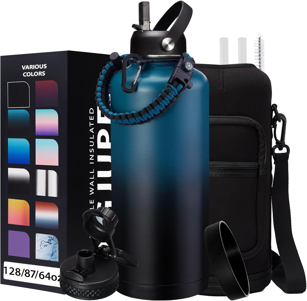 87/128 oz Insulated Water-Bottle with straw - Gallon Water Bottles with Phone Holder, Stainless Steel Water Jug with Strap & Auto Chug Lids, Gym Camping Sport Metal Flask w/Paracord Handle