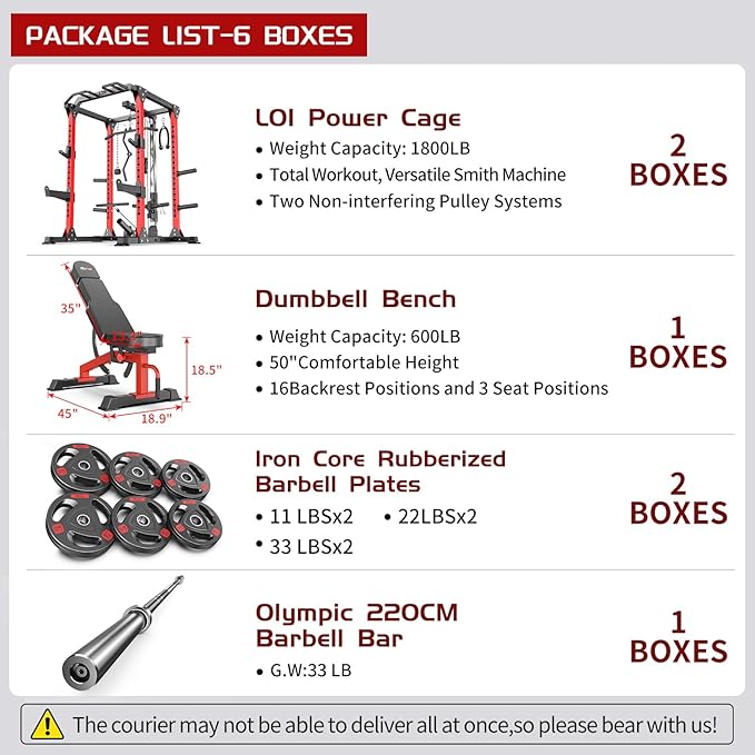 Power Cages Multi-Purpose Squat Rack with Cable Crossover System, Matching Weight Bench, Olympic Barbell Weight Set for Garage and Home Gyms