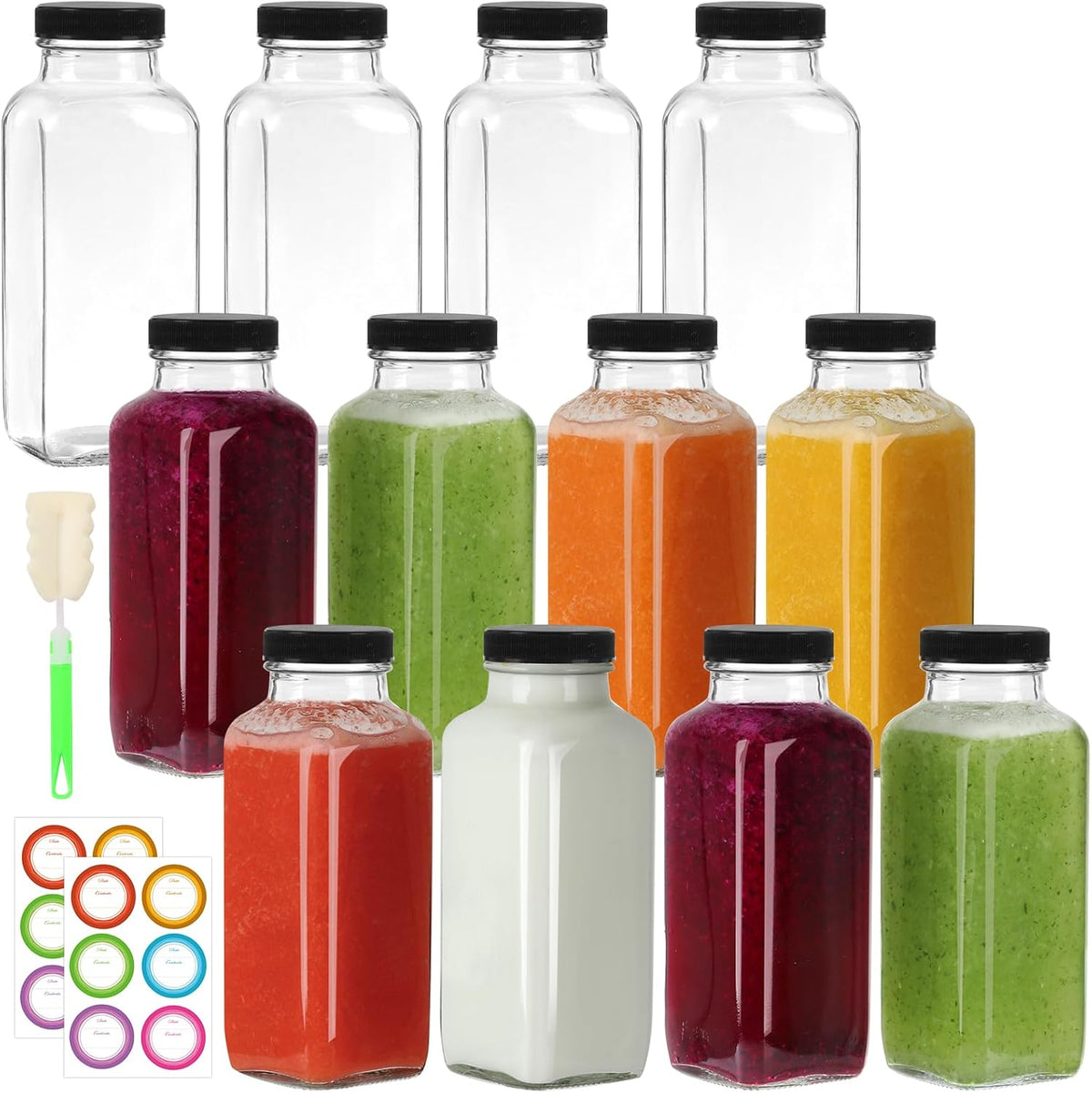 12 oz Glass Juice Bottles with Lids 12 Pack,Reusable Glass Drink Bottles,350ml Water Drinking Jars for Milk,Juicing,Kombucha,Ginger,Beverage Glassware,Juice Drinking Jars
