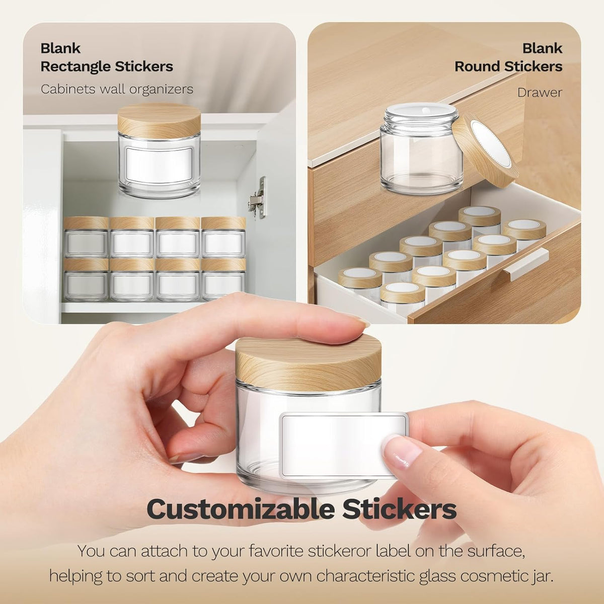 2 oz Glass Jars with Plastic Woodgrain Lids, Bumobum 48 pack Round Clear Cream Jars with Black and White Labels & Inner Liners, Empty Cosmetic Containers for Cream, Lotion, Ointment