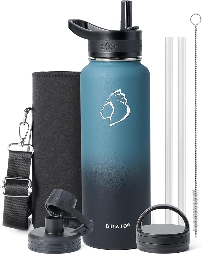 BUZIO 40 oz Water Bottle Insulated with Straw & 3 lid and Carrying Pouch, Leak Proof Anti-Slip Stainless Steel Water Flask Jug, Cold for 48 Hrs Double Vacuum Thermo Canteen, BPA-Free, Indigo Crush