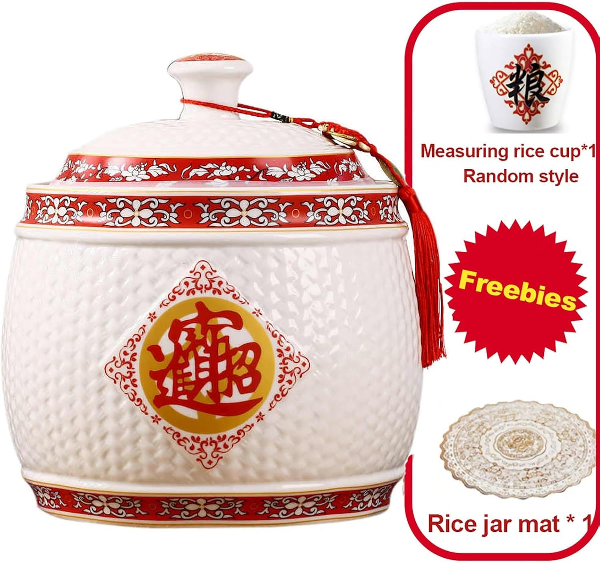 Chinese Sealed Large-Capacity Rice Pot, Ceramic Rice Bucket With Tassel Design, Grain Storage Ceramic Container, Rice Dispenser Airtight Storage Bucket For Grains Snacks Candy Coffee Beans Food(C,Capa