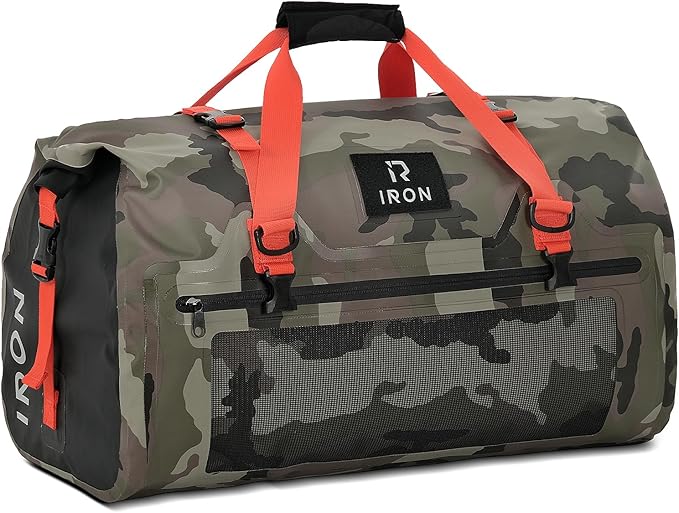 BORLENI Waterproof Motorcycle Dry Duffel Bag Luggage Tail Bag with Large Storage Space,Roll Top Closure, Shoulder Straps, Inner Pocket and Mesh Pocket for Motorcycling Travel Camping(Camouflage,70L)