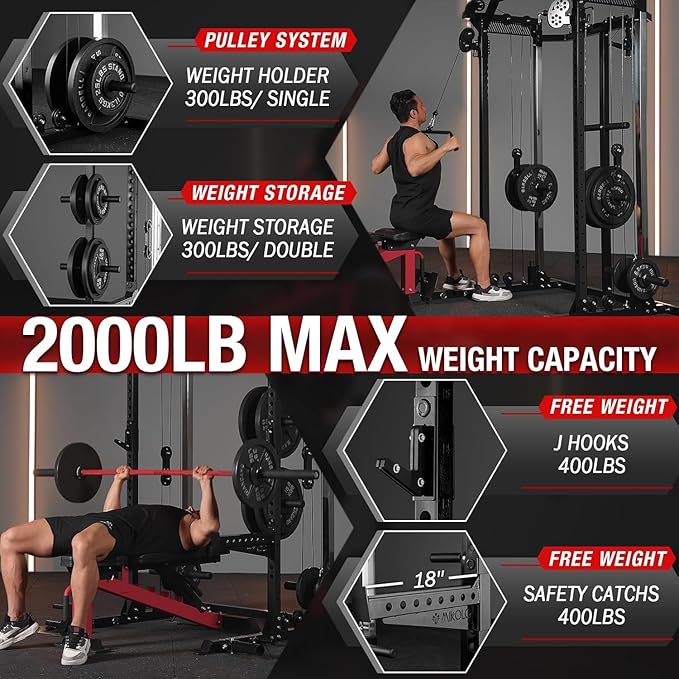Mikolo Power Cage, 2000LB Power Rack with Independent Dual Pulley System, Multi-Function Home Gym Workout Machine for Cable Crossover