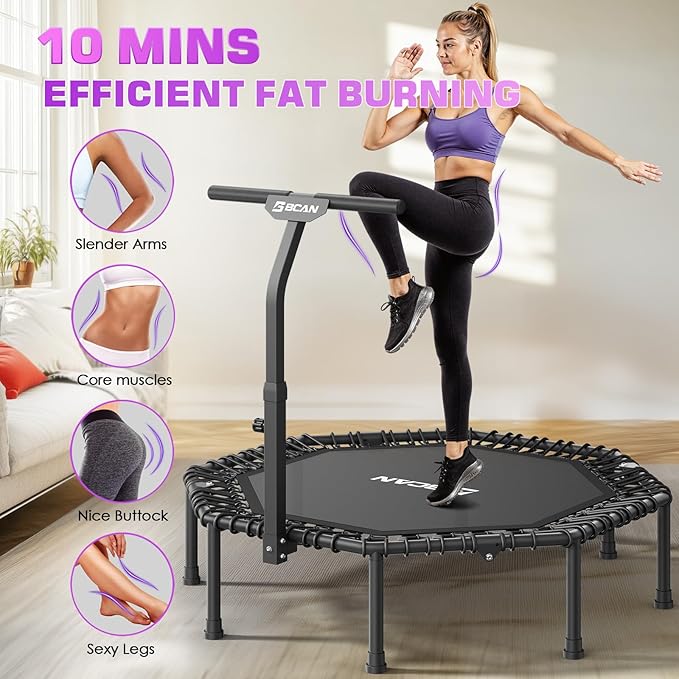 BCAN 51" Octagonal Mini Trampoline, Max Load 450 LBS Fitness Trampoline with T-Adjustable Handle Bar, Silent Bungees, Larger, More Stable, Quieter Exercise Rebounder for Adults Indoor/Garden Workout