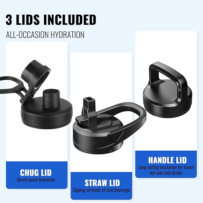 40oz Insulated Water Bottle with Straw, Stainless Steel Metal Vacuum Water Flask, Large Thermal Water bottle with Leakproof 3 Lids for Travel, Camping, Gym Sports Dark Rainbow