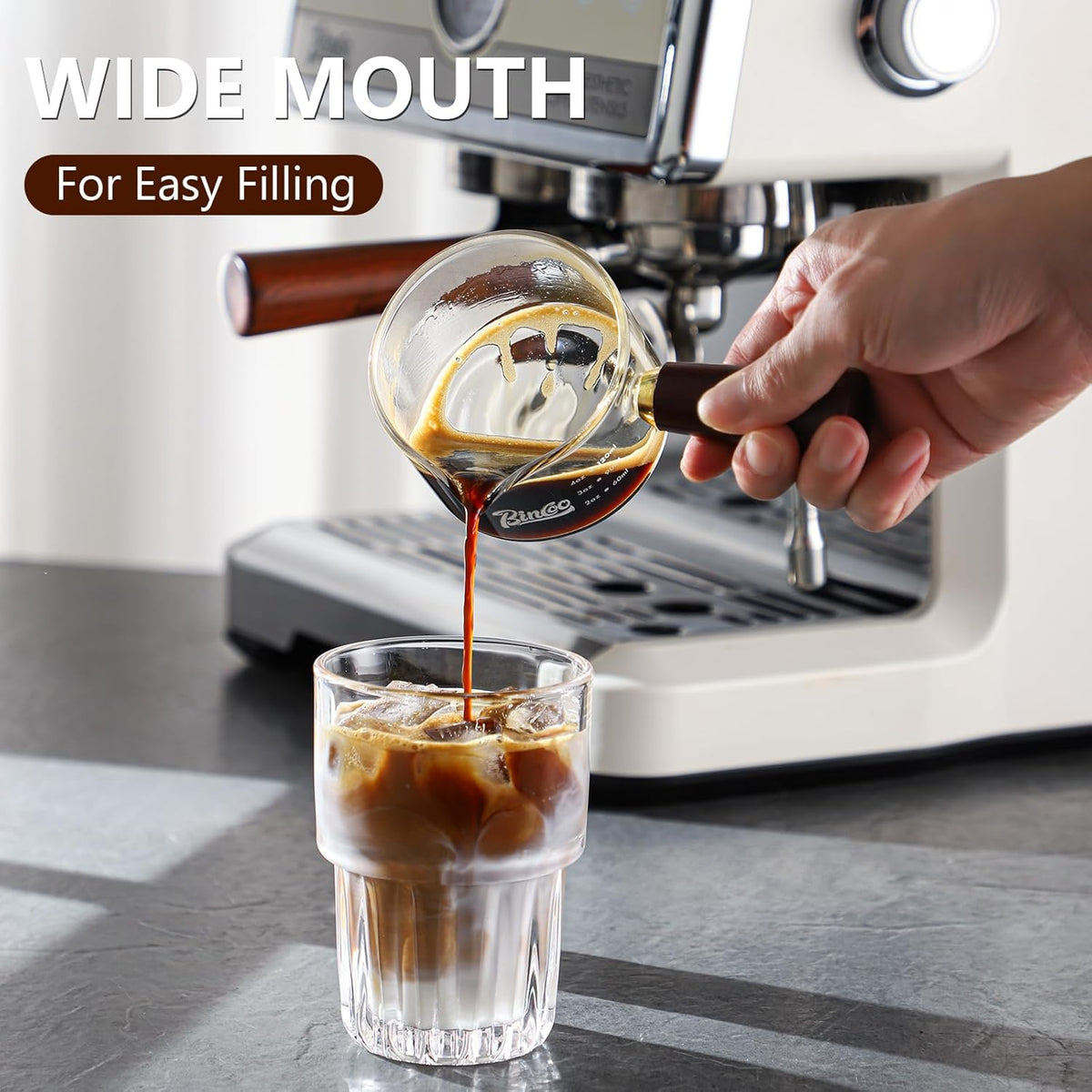 Espresso Shot Glasses with Wood Handle, 120ml Glass Coffee Bean Dosing Cup with Spout,Clear Espresso Measuring Cup Glass for Barista Coffee Measure (Single Spout)