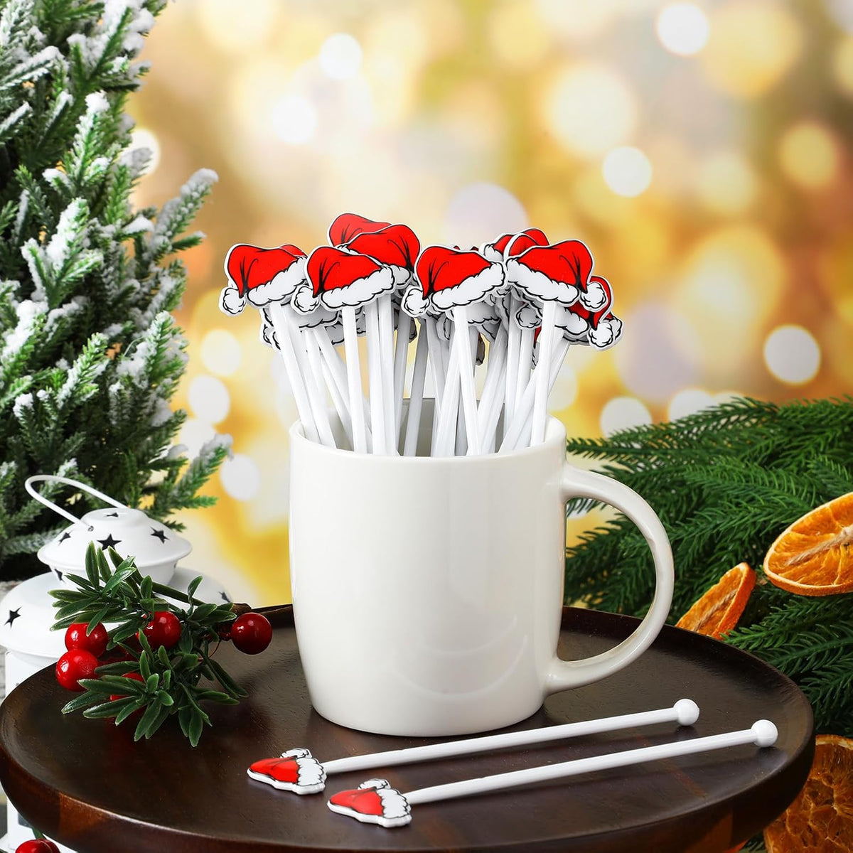 30 Pcs Christmas Drink Stirrers Xmas Stir Stick Holiday Coffee Swizzle Stick Reusable Plastic Hot Cocoa Bar Chocolate Decoration Cocktail Mixer(Santa Hat,Classic Color)