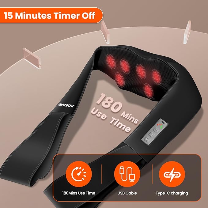 AMZPONY® Cordless Neck Massager for Pain Relief Deep Tissue, Rechargeable Shiatsu Neck and Back Massager Portable Kneading Shoulder Massage for Body Muscle Pain Relief,Gifts for Dad Mom Friends