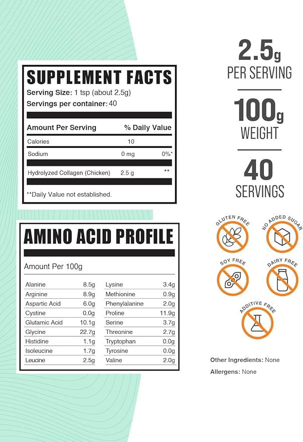 BulkSupplements.com Chicken Collagen Powder - Hydrolyzed Collagen Supplement, for Hair, Skin, & Nails - Unflavored & Gluten Free, 2.5g per Serving, 100g (3.5 oz) (Pack of 1)