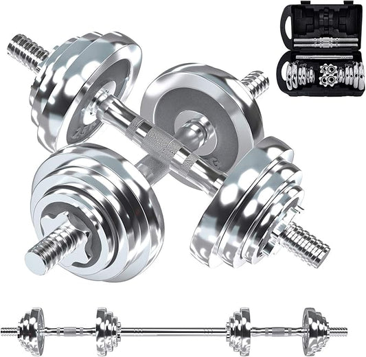 VIVITORY Fitness Dumbbells Set, Adjustable Weight Sets up to 11/22/44/66/110 lbs, with Metal Connecting Rod Used As Barbell, Chromed Weights, Hardcover Gift Box, Home Gym Work Out Training Equipment