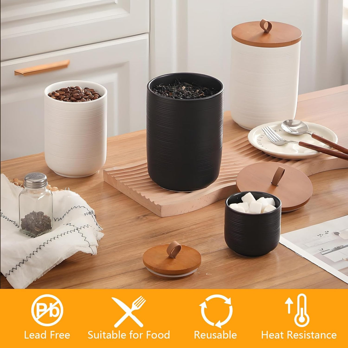 Food Storage Jar Strong Ceramic Storage Canisters with Airtight Wooden Lid,Kitchen Storage Containers for Serving Coffee Beans, Tea, Sugar, Salt, Spices (Big black)