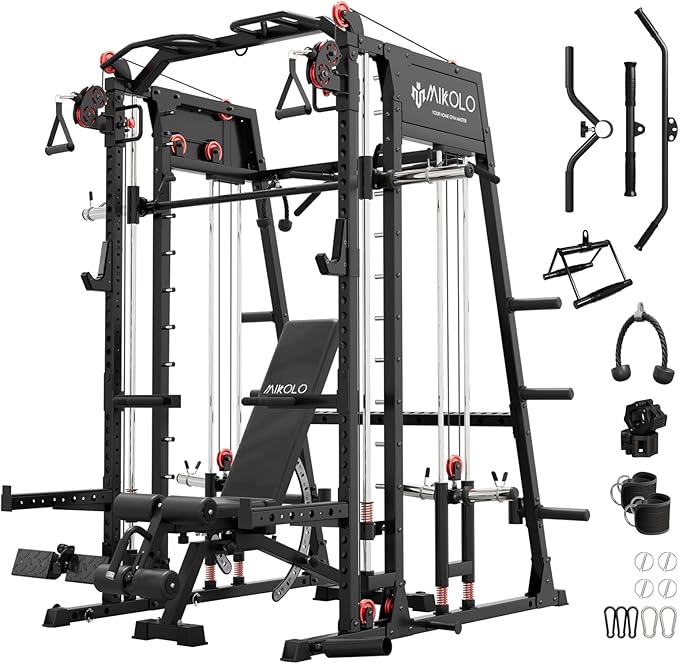 Mikolo Smith Machine, 2200lbs Squat Rack with LAT-Pull Down System & Cable Crossover Machine, Training Equipment with Leg Hold-Down Attachment