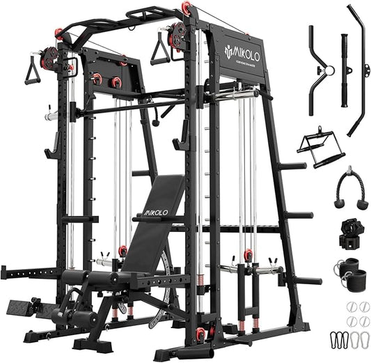 Mikolo Smith Machine, 2200lbs Squat Rack with LAT-Pull Down System & Cable Crossover Machine, Training Equipment with Leg Hold-Down Attachment