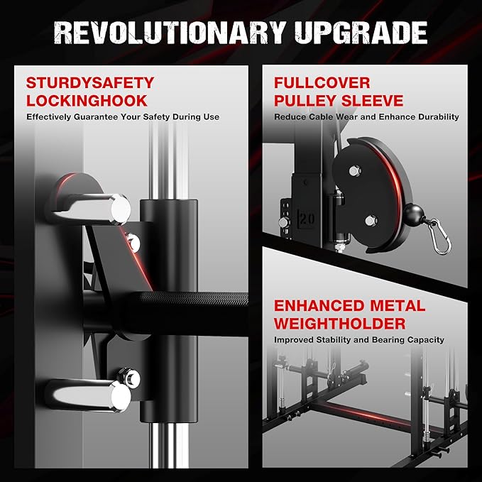 M21 Smith Machine, Multi-Function Power Cage with Dual Pulley Cable Crossover System, 2000LBS All-in-One Squat Rack with Smith Bar and Attachments