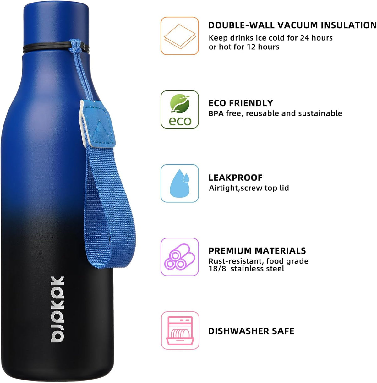 BJPKPK Insulated Water Bottles, 18 oz Stainless Steel Metal Water Bottle with Strap, BPA Free Leak Proof Thermos, Mugs, Flasks, Reusable Water Bottle for Sports & Travel, Blue Black (Pack of 2)