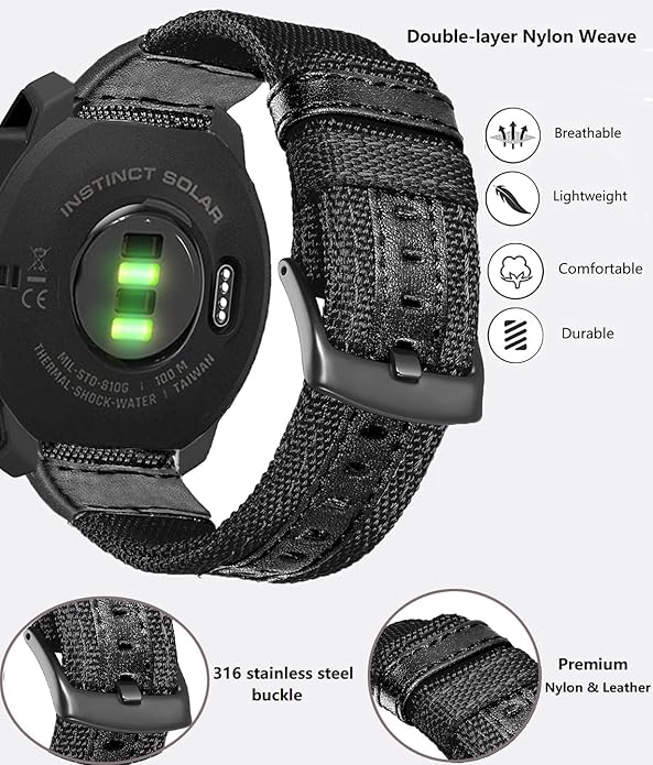 22mm Military Nylon Watch Bands for Garmin Instinct/Instinct 2 Solar, Durable Fabric Sport Strap Replacement Wristband Bracelet for Garmin Instinct Tactical/Esports/Tide/Instinct Solar