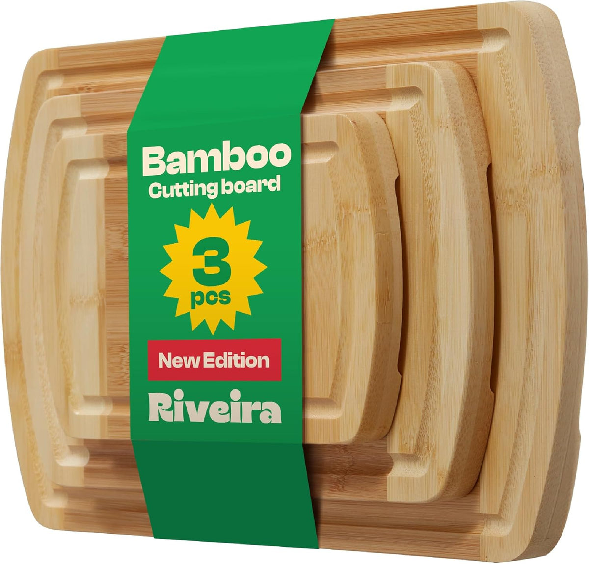 Riveira Two Tone Bamboo Wood Cutting Board – Versatile And Durable: Set Of 3 Pcs Rectangular Wooden Cutting Board – Natural Wooden Cutting Boards For Kitchen – Complete Bamboo Wooden Chopping Board