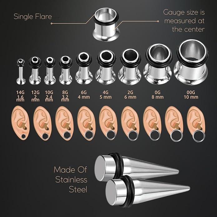BodyJ4You 37PC Ear Stretching Kit - Beginner Gauges 14G-00G Starter Set - Aftercare Balm Wax - Steel Tapers Single Flare Plugs Screw Fit Tunnels - Women Eyelet Mens Earrings Expander Piercing Jewelry