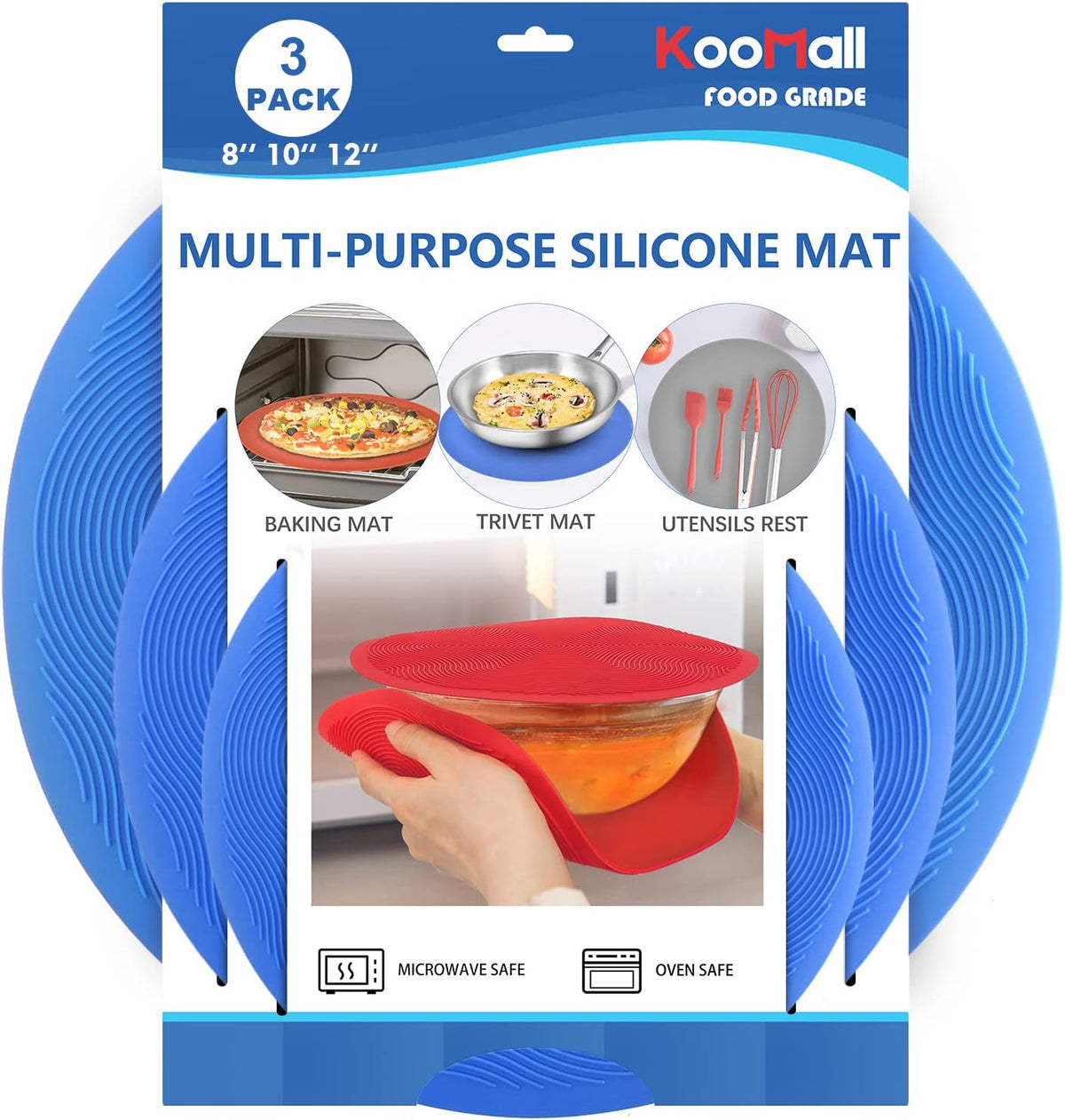 KooMall 12 10 8 Inch Multi-use Microwave Mat, Trivet, Pot Holders, Drying, Baking, Place Mat, Utensils Rest, Silicone Cover Pad for Hot Pot Pans Bowls Plates Dishes Kitchen Counter,Heat Resistant,Blue