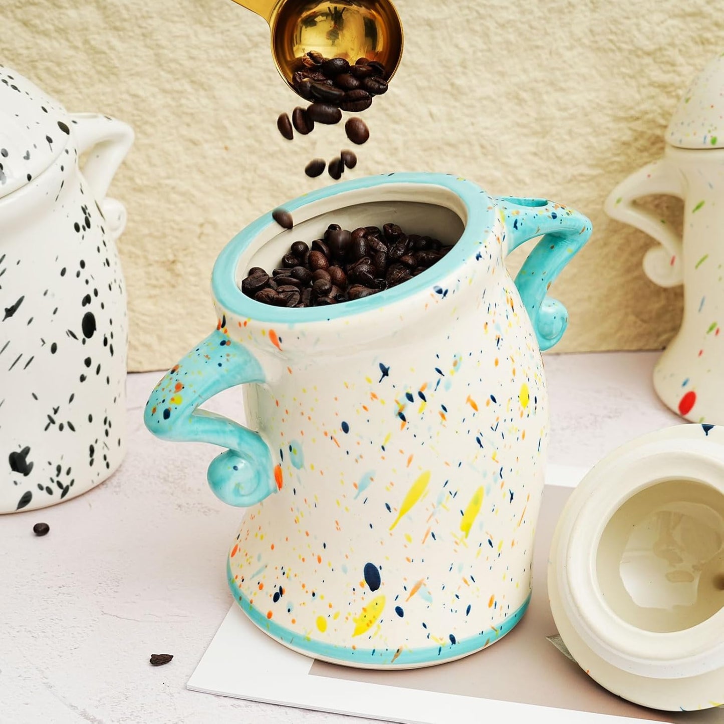 Canister With Attitude,Large Capacity Cute Sassy Storage Canister,Interesting food jars, stylish airtight large ceramic lids, coffee, tea, sugar and spice storage jars with spoons (Cyan)