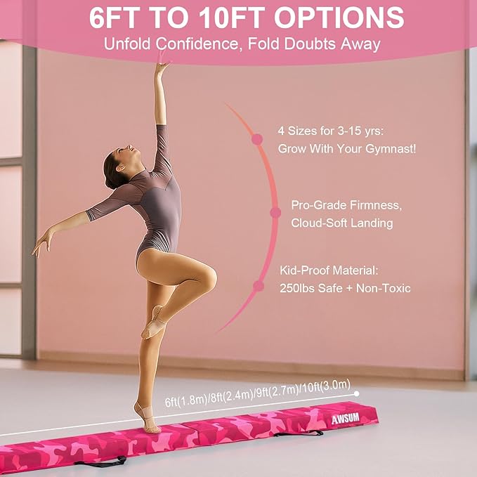 AWSUM Foldable Balance Beam for Kids, 6ft/8ft/9ft/10ft Anti-Slip Gymnastics Equipment, Suede Cover, Toddler to Teen, for Home Training School