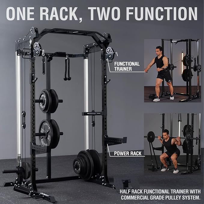 Mikolo Power Cage, 2000LB Power Rack with Independent Dual Pulley System, Multi-Function Home Gym Workout Machine for Cable Crossover