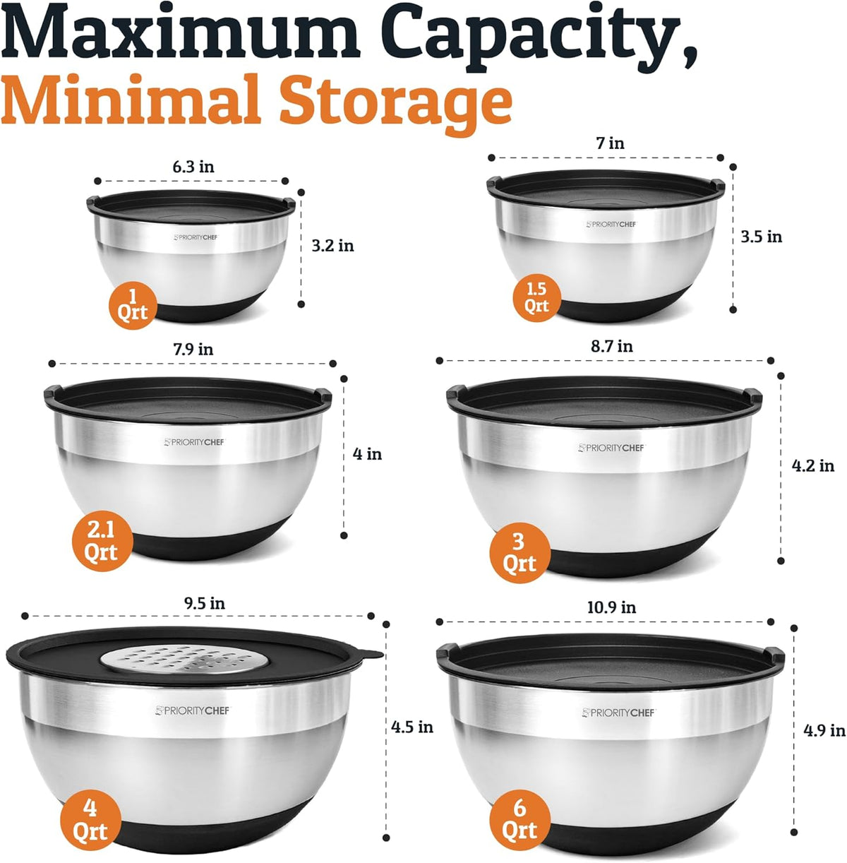 Priority Chef Stainless Steel Mixing Bowls with Lids Set - Premium 30Pcs with 6pc Metal Bowl Set for Kitchen, 3 Graters, Airtight Lids, Non-Slip Bases & Silicone Utensils, Black