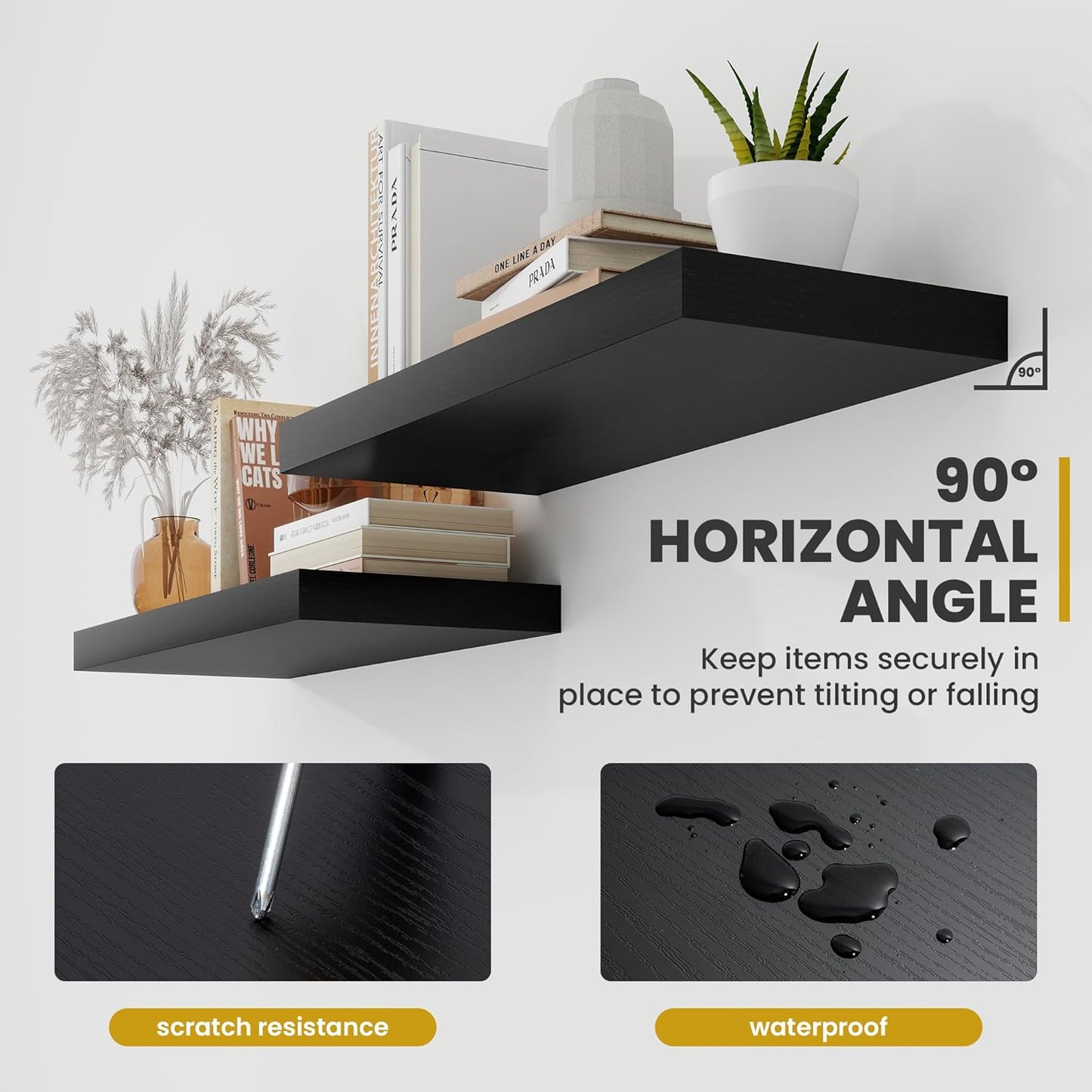 48 Inch Floating Shelves, 9.3" Deep Floating Shelf Wall Mounted, 48" Wall Shelves, Rustic Deep Bookshelf, Large Display Shelves & Storage Shelves for Bedroom, Living Room, Black, Set of 1