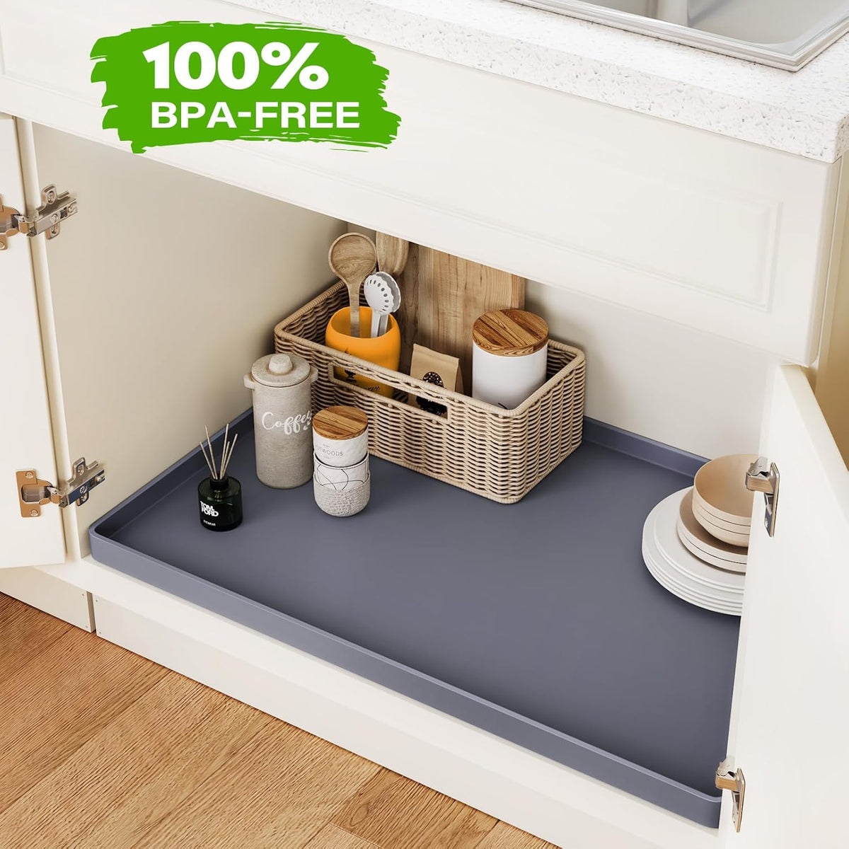 FLATO Waterproof Under Sink Mat 25" x 22" Shelf Liner for Kitchen and Bathroom, Cabinet Protector, Organizers and Storage, Flexible Silicone Drip Tray