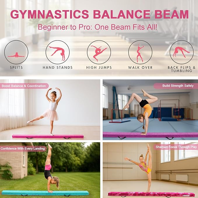 AWSUM Foldable Balance Beam for Kids, 6ft/8ft/9ft/10ft Anti-Slip Gymnastics Equipment, Suede Cover, Toddler to Teen, for Home Training School